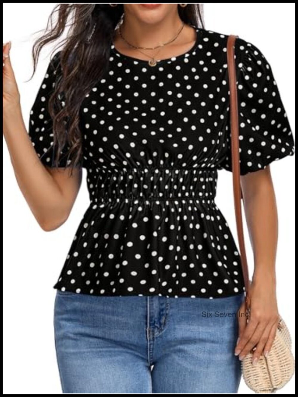 Womens Polka Dot Peplum Top Puff Short Sleeve Babydoll Blouse